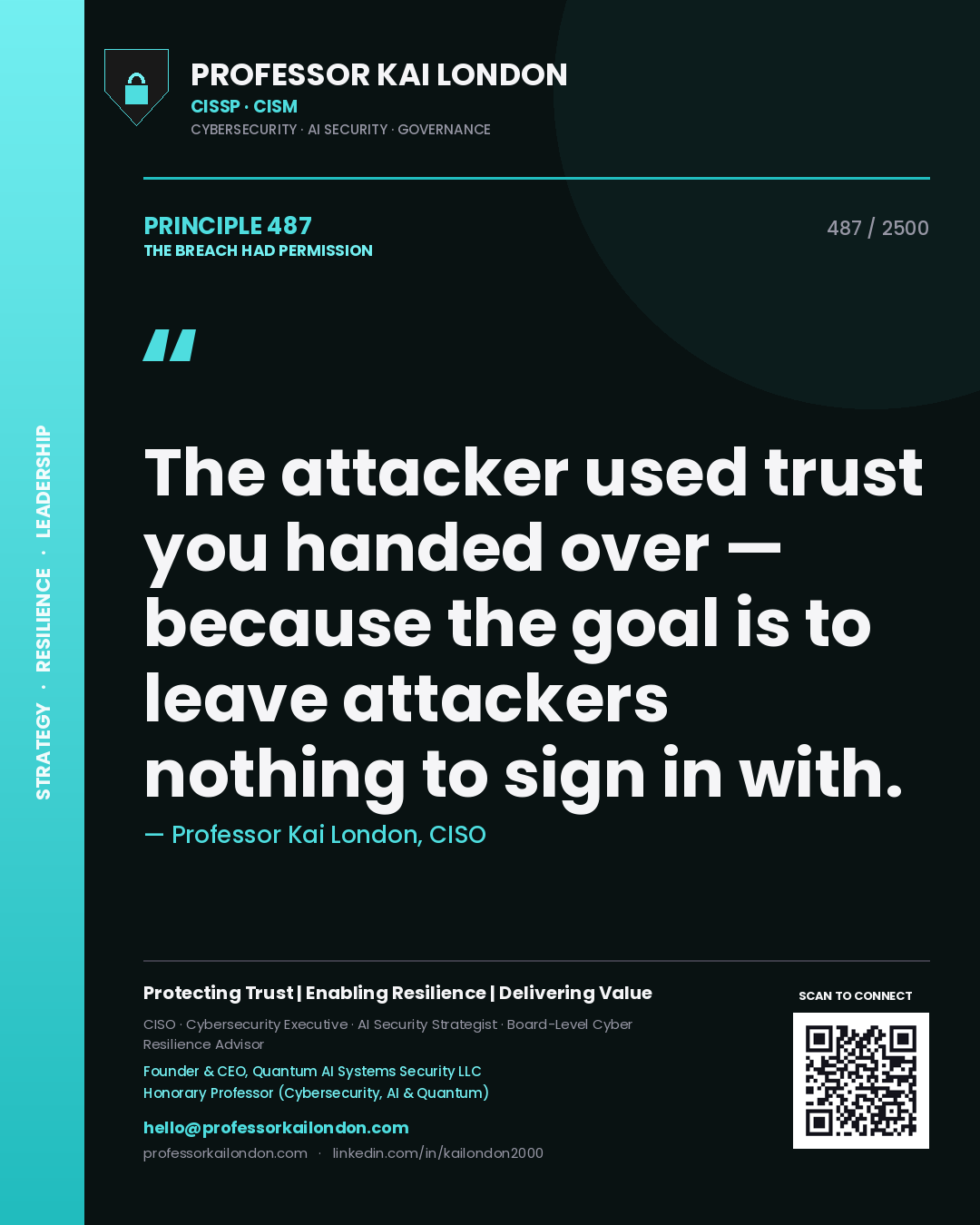 Professor Kai London principle 487: The attacker used trust you handed over — because the goal is to leave attackers nothing to sign in with.