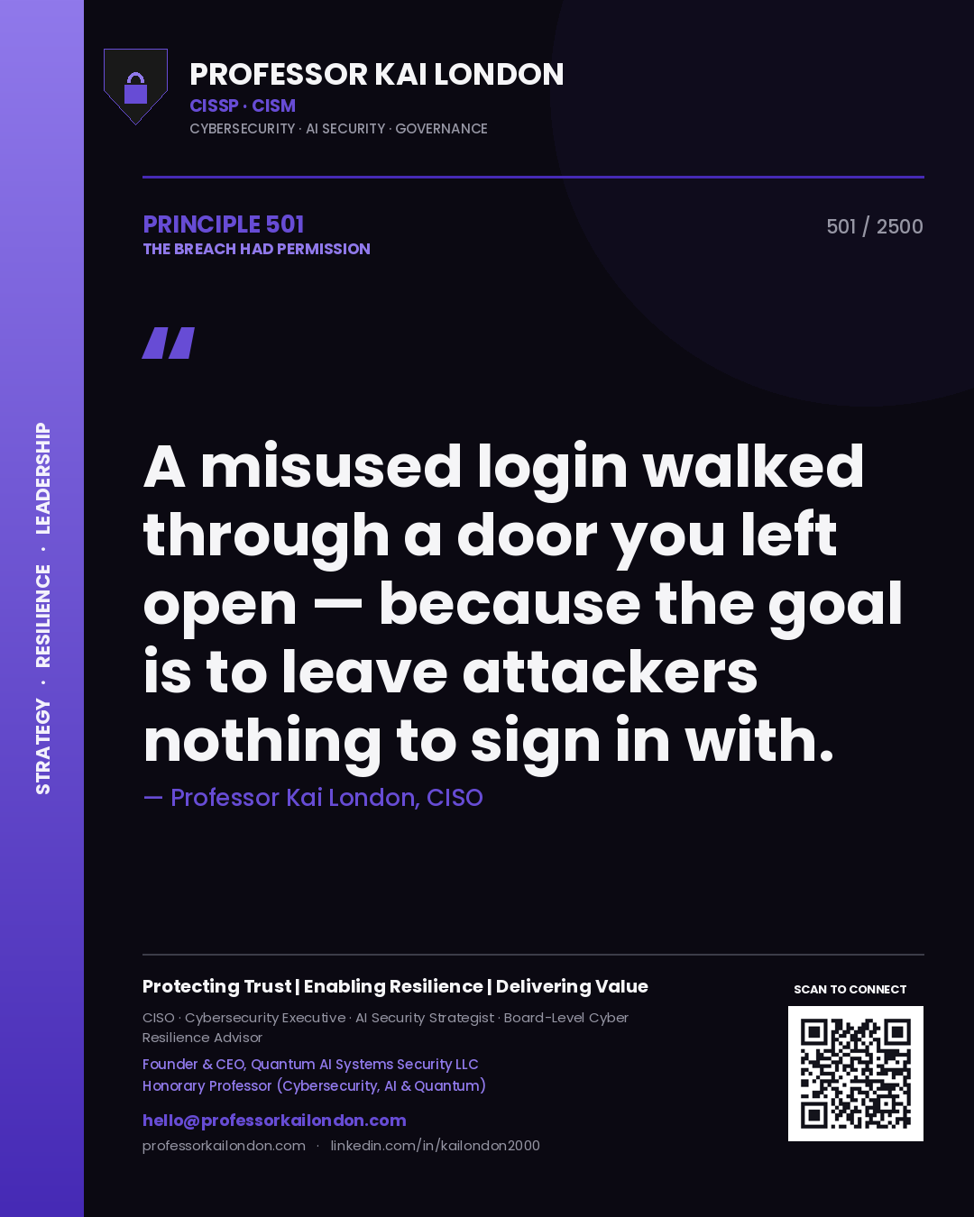 Professor Kai London principle 501: A misused login walked through a door you left open — because the goal is to leave attackers nothing to sign in with.