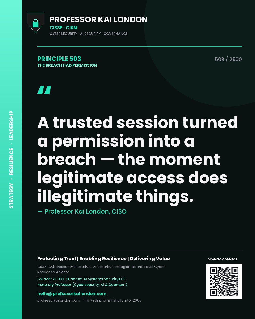 Professor Kai London principle 503: A trusted session turned a permission into a breach — the moment legitimate access does illegitimate things.