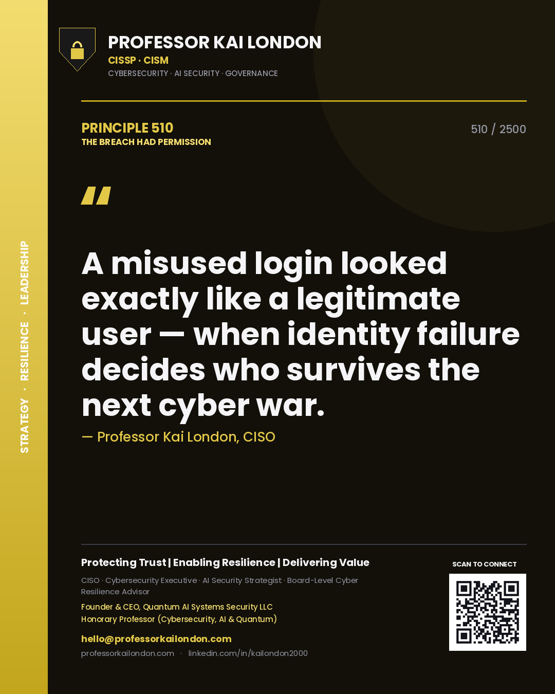 Quote card by Professor Kai London reading 'A misused login looked exactly like a legitimate user — when identity failure decides who survives the next cyber war.'. From the book The Breach Had Permission.