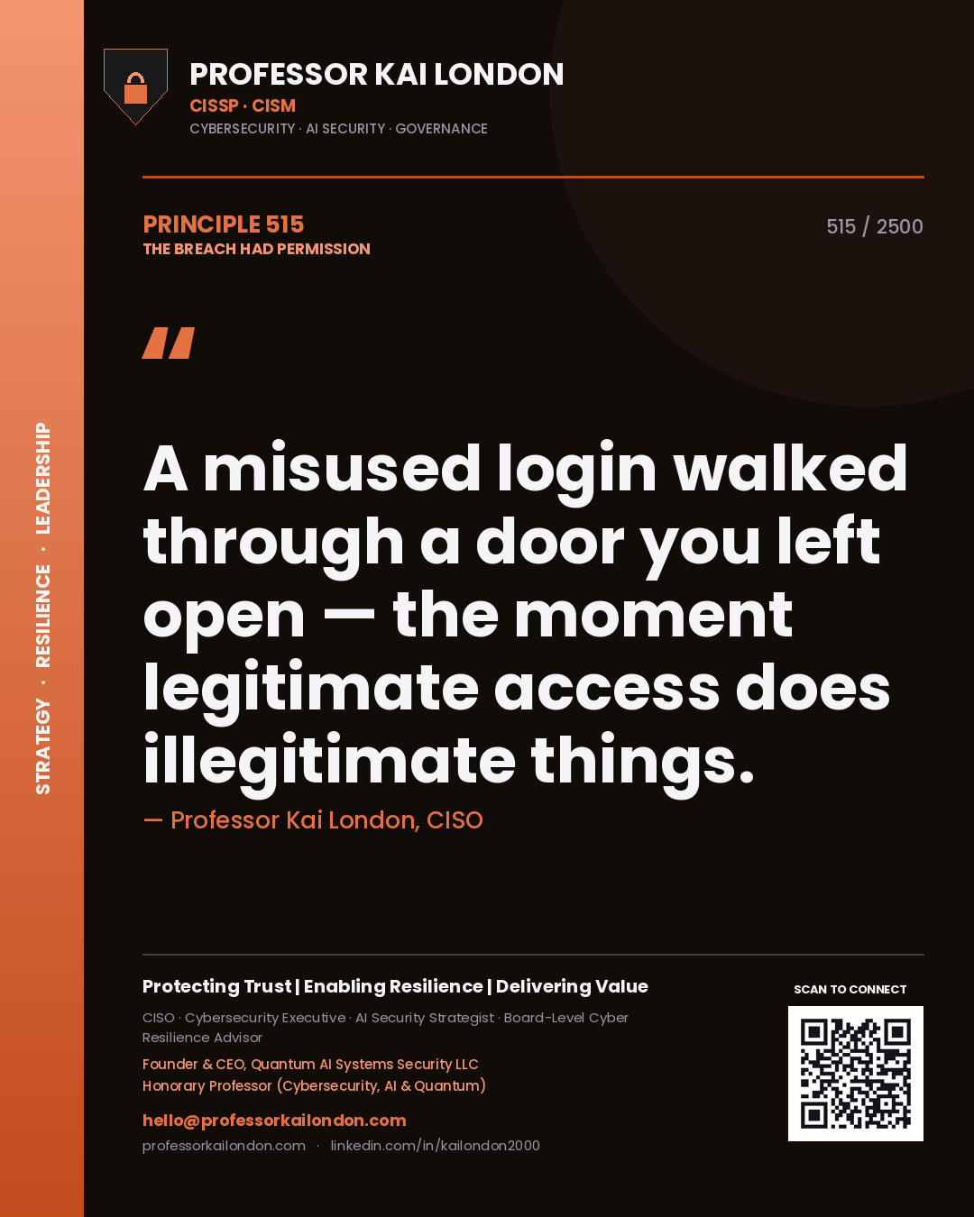 Professor Kai London principle 515: A misused login walked through a door you left open — the moment legitimate access does illegitimate things.