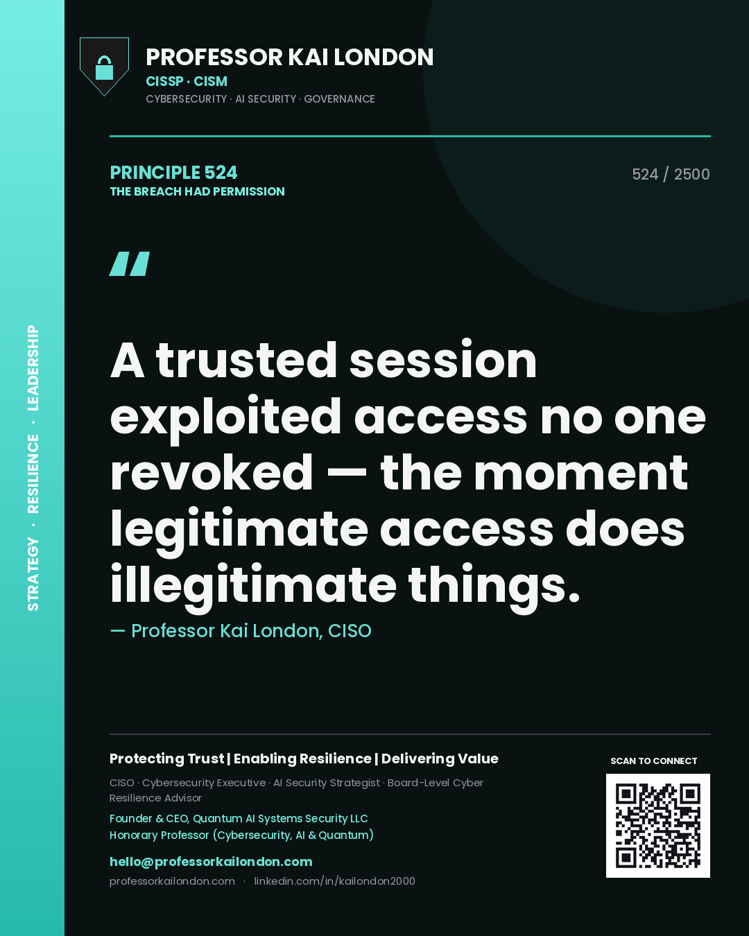 Professor Kai London principle 524: A trusted session exploited access no one revoked — the moment legitimate access does illegitimate things.