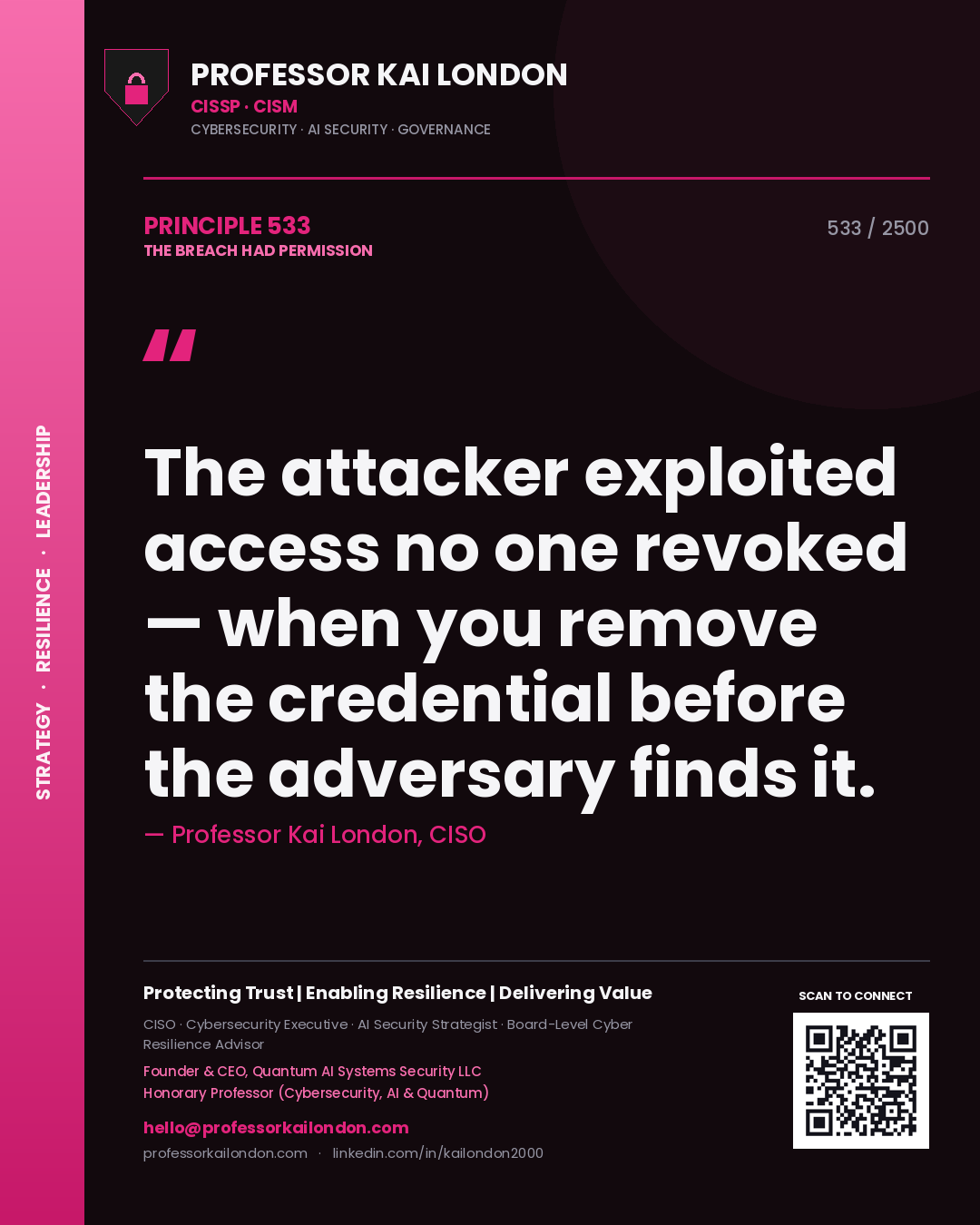 Professor Kai London principle 533: The attacker exploited access no one revoked — when you remove the credential before the adversary finds it.