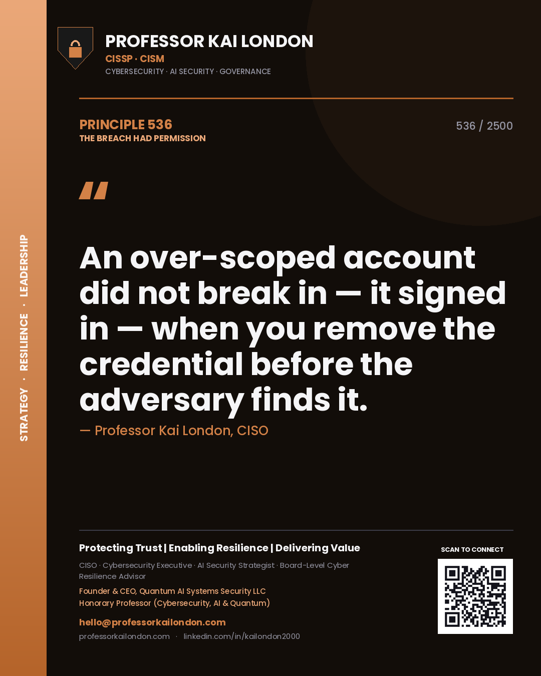 Professor Kai London principle 536: An over-scoped account did not break in — it signed in — when you remove the credential before the adversary finds it.