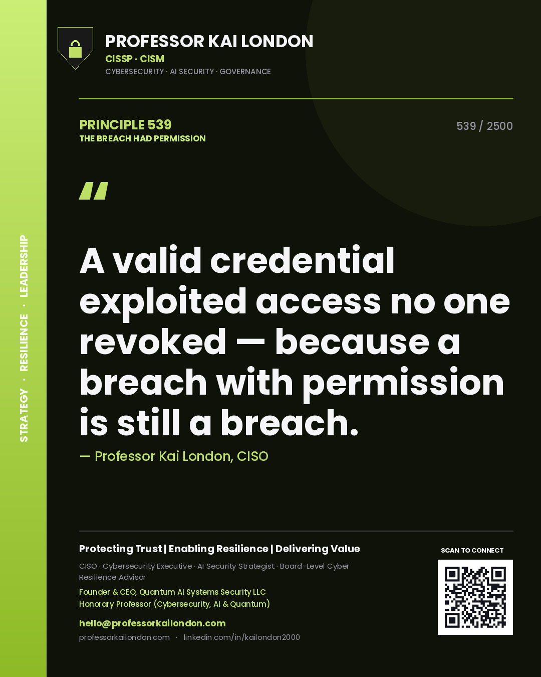 Professor Kai London principle 539: A valid credential exploited access no one revoked — because a breach with permission is still a breach.