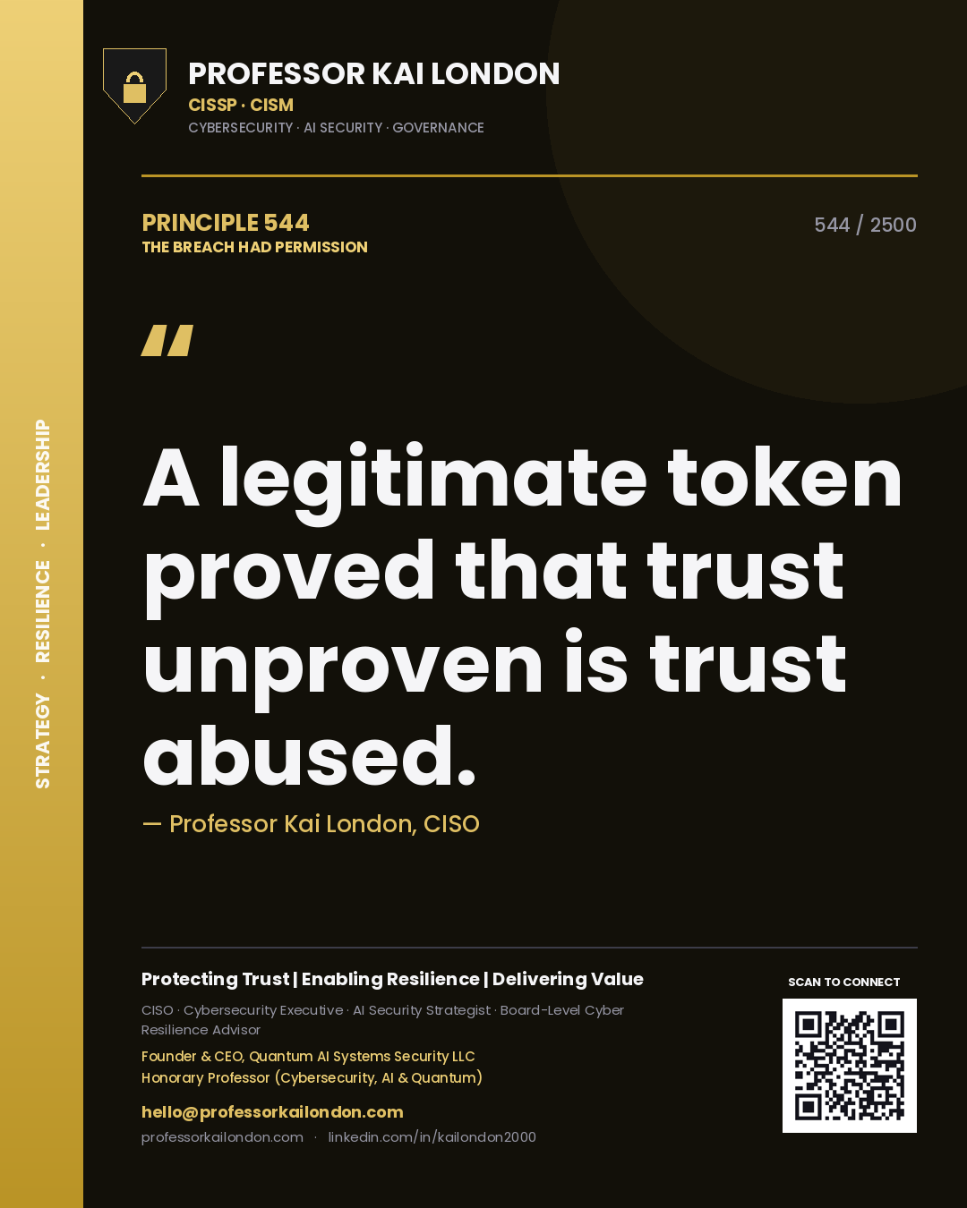 Quote card by Professor Kai London reading 'A legitimate token proved that trust unproven is trust abused.'. From the book The Breach Had Permission.