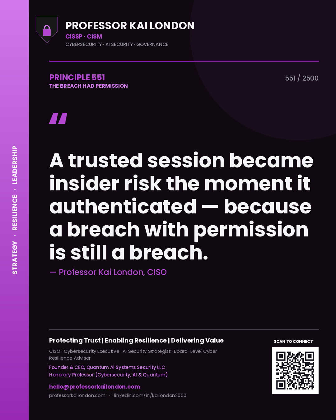 Professor Kai London principle 551: A trusted session became insider risk the moment it authenticated — because a breach with permission is still a breach.