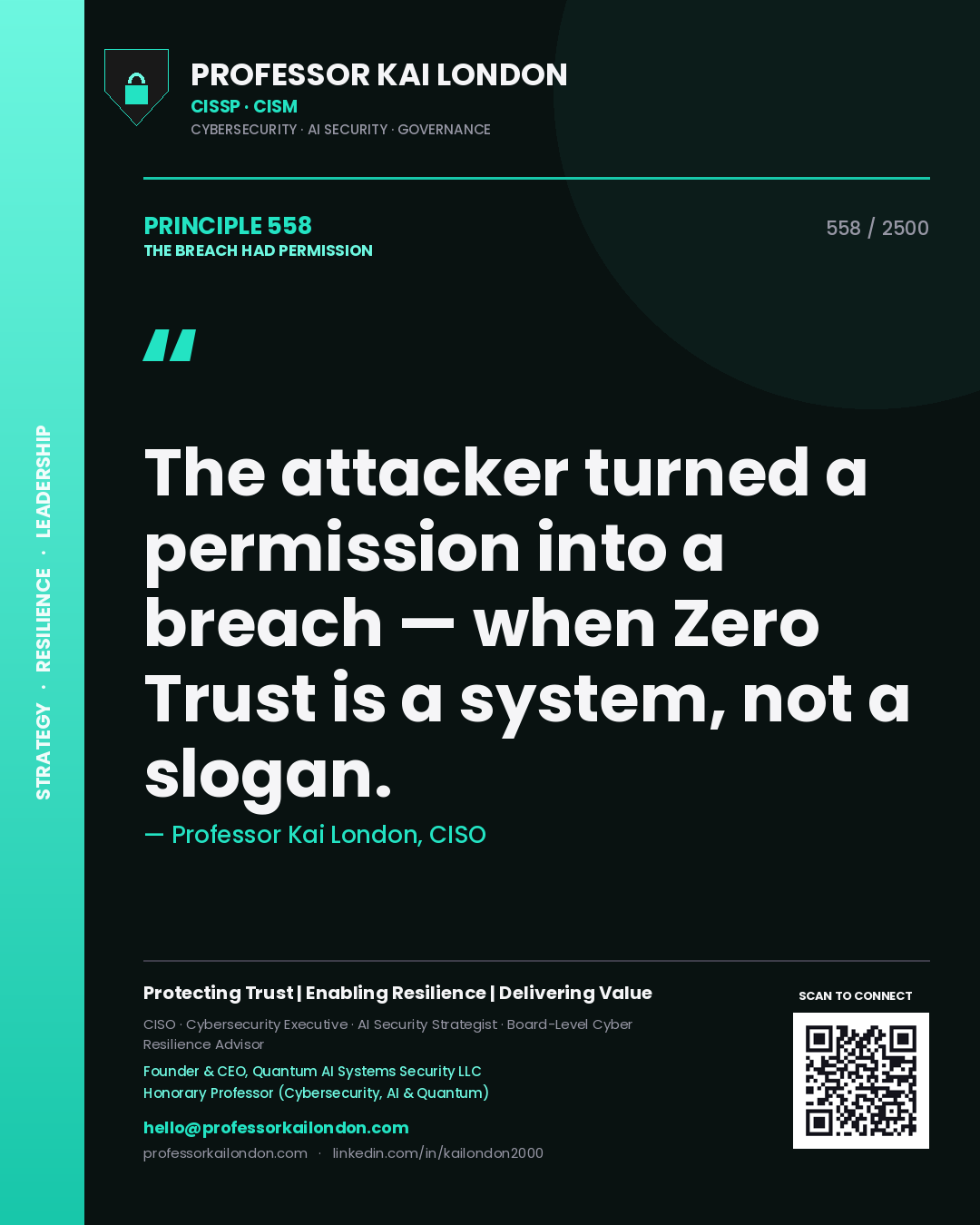 Quote card by Professor Kai London reading 'The attacker turned a permission into a breach — when Zero Trust is a system, not a slogan.'. From the book The Breach Had Permission.
