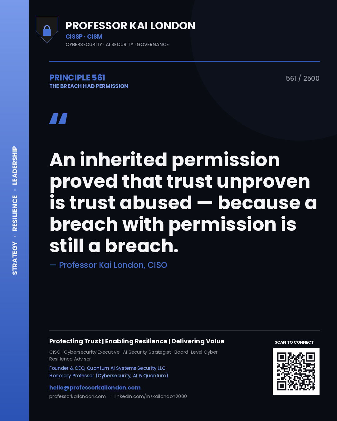 Professor Kai London principle 561: An inherited permission proved that trust unproven is trust abused — because a breach with permission is still a breach.