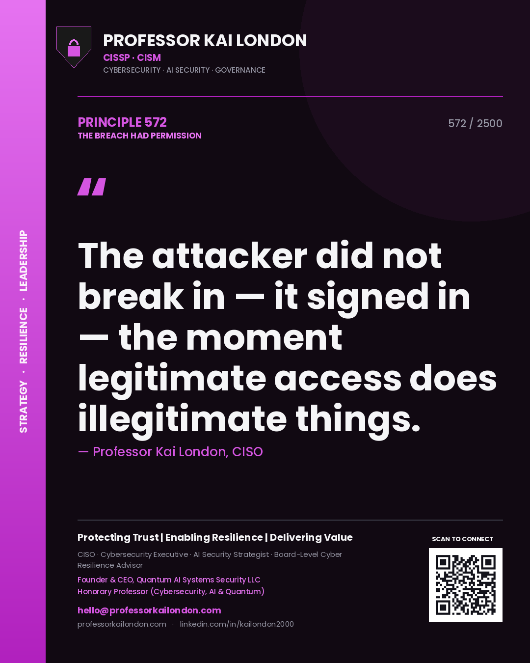 Professor Kai London principle 572: The attacker did not break in — it signed in — the moment legitimate access does illegitimate things.