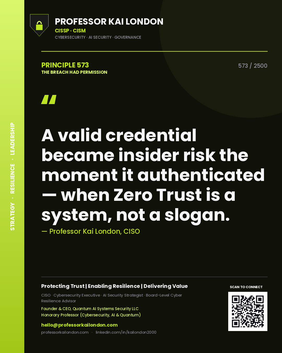 Professor Kai London principle 573: A valid credential became insider risk the moment it authenticated — when Zero Trust is a system, not a slogan.