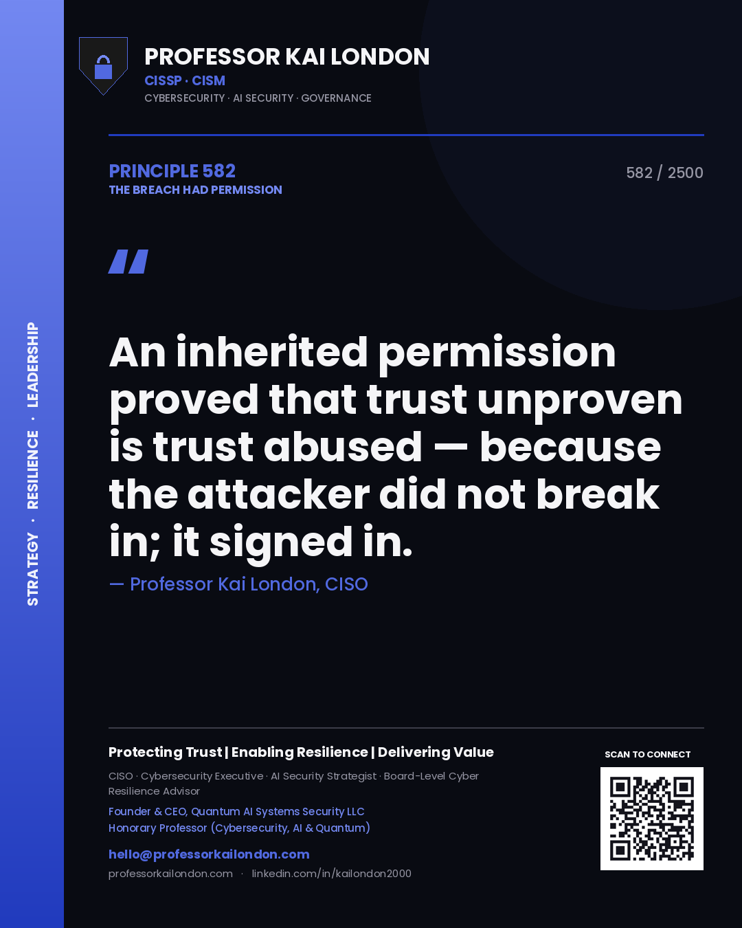 Professor Kai London principle 582: An inherited permission proved that trust unproven is trust abused — because the attacker did not break in; it signed in.