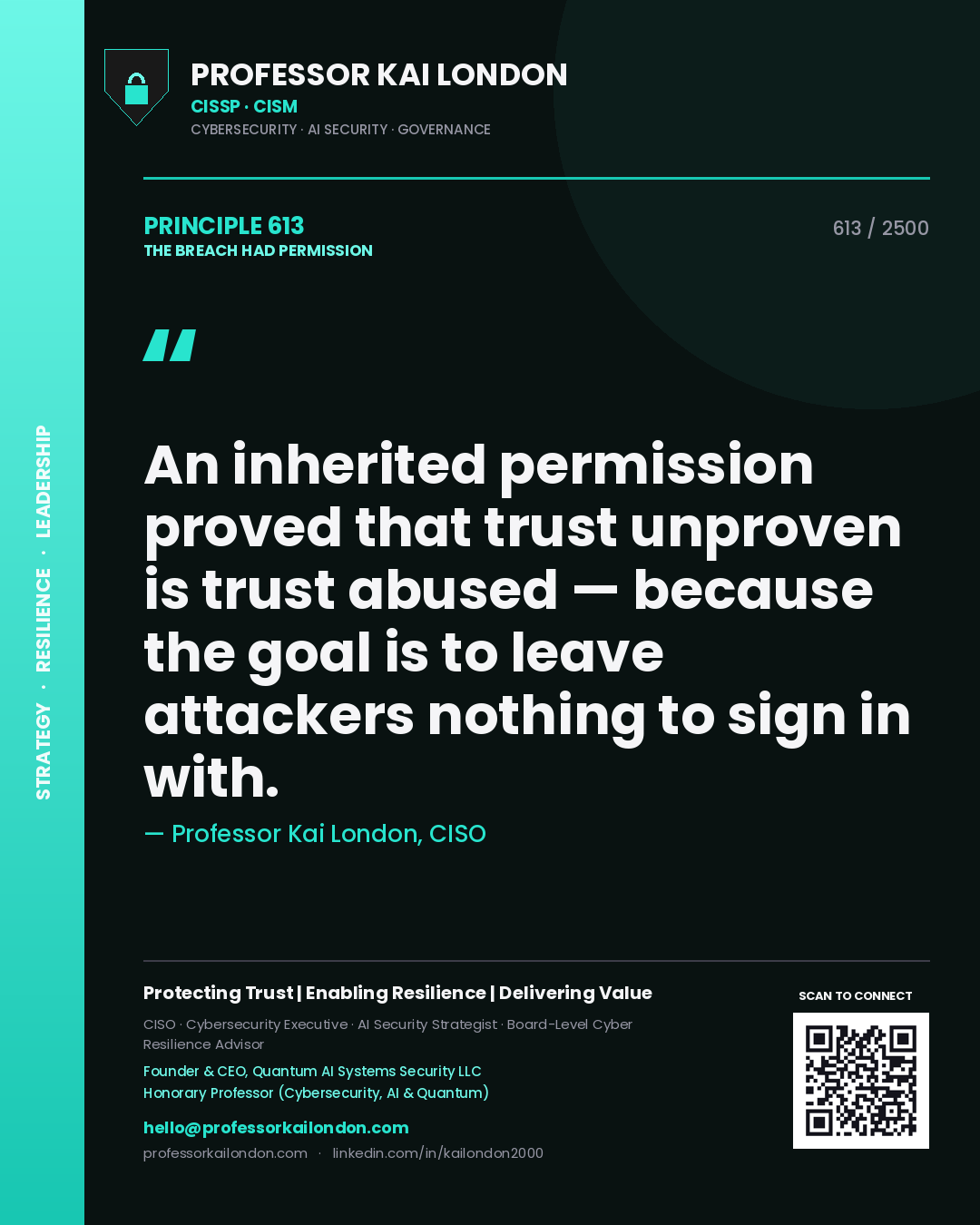 Professor Kai London principle 613: An inherited permission proved that trust unproven is trust abused — because the goal is to leave attackers nothing to sign in with.