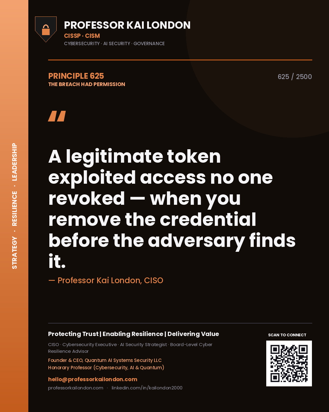 Professor Kai London principle 625: A legitimate token exploited access no one revoked — when you remove the credential before the adversary finds it.