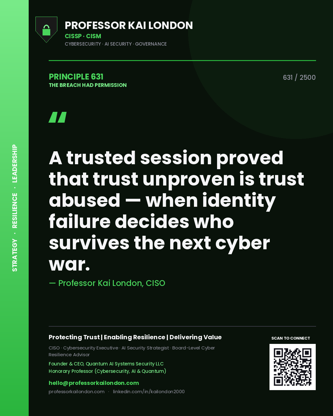 Professor Kai London principle 631: A trusted session proved that trust unproven is trust abused — when identity failure decides who survives the next cyber war.