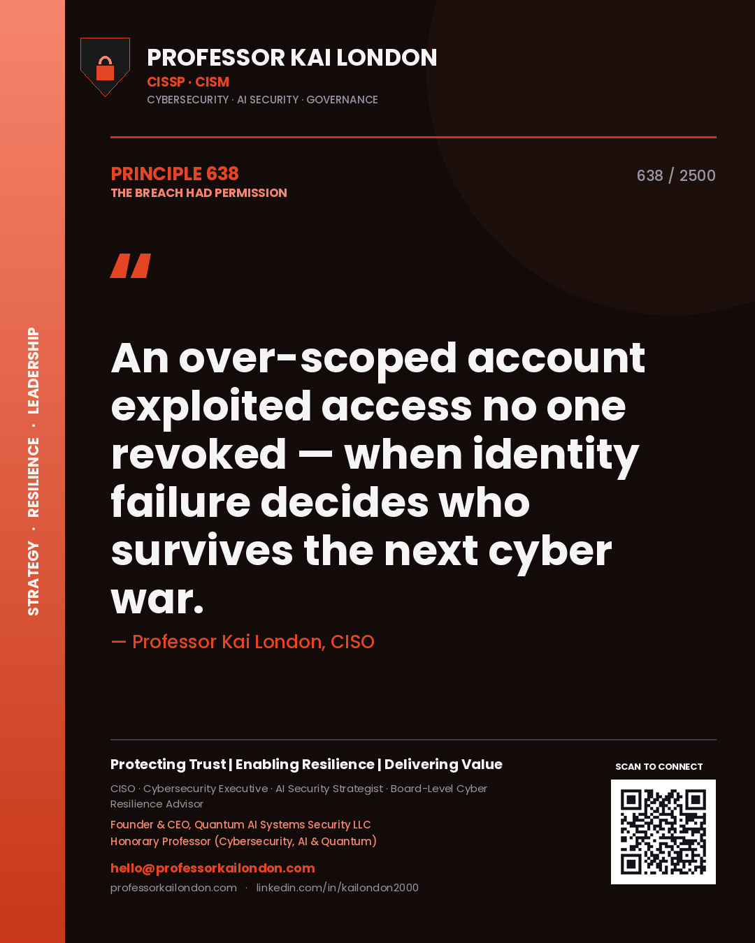 Quote card by Professor Kai London reading 'An over-scoped account exploited access no one revoked — when identity failure decides who survives the next cyber war.'. From the book The Breach Had Permission.