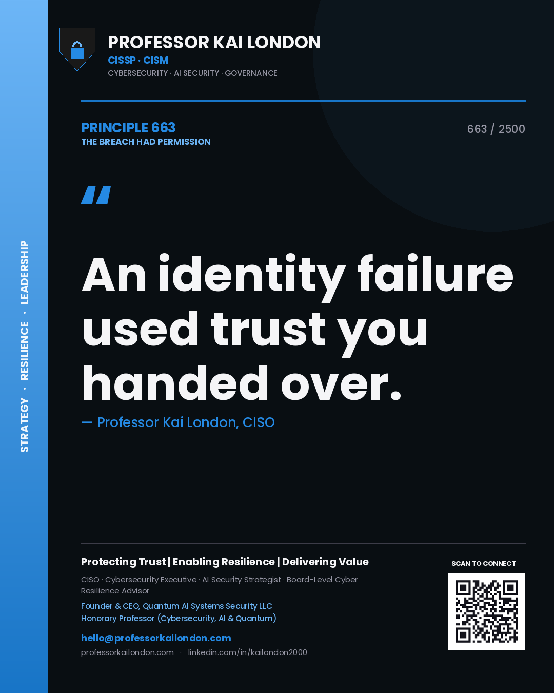 Professor Kai London principle 663: An identity failure used trust you handed over.
