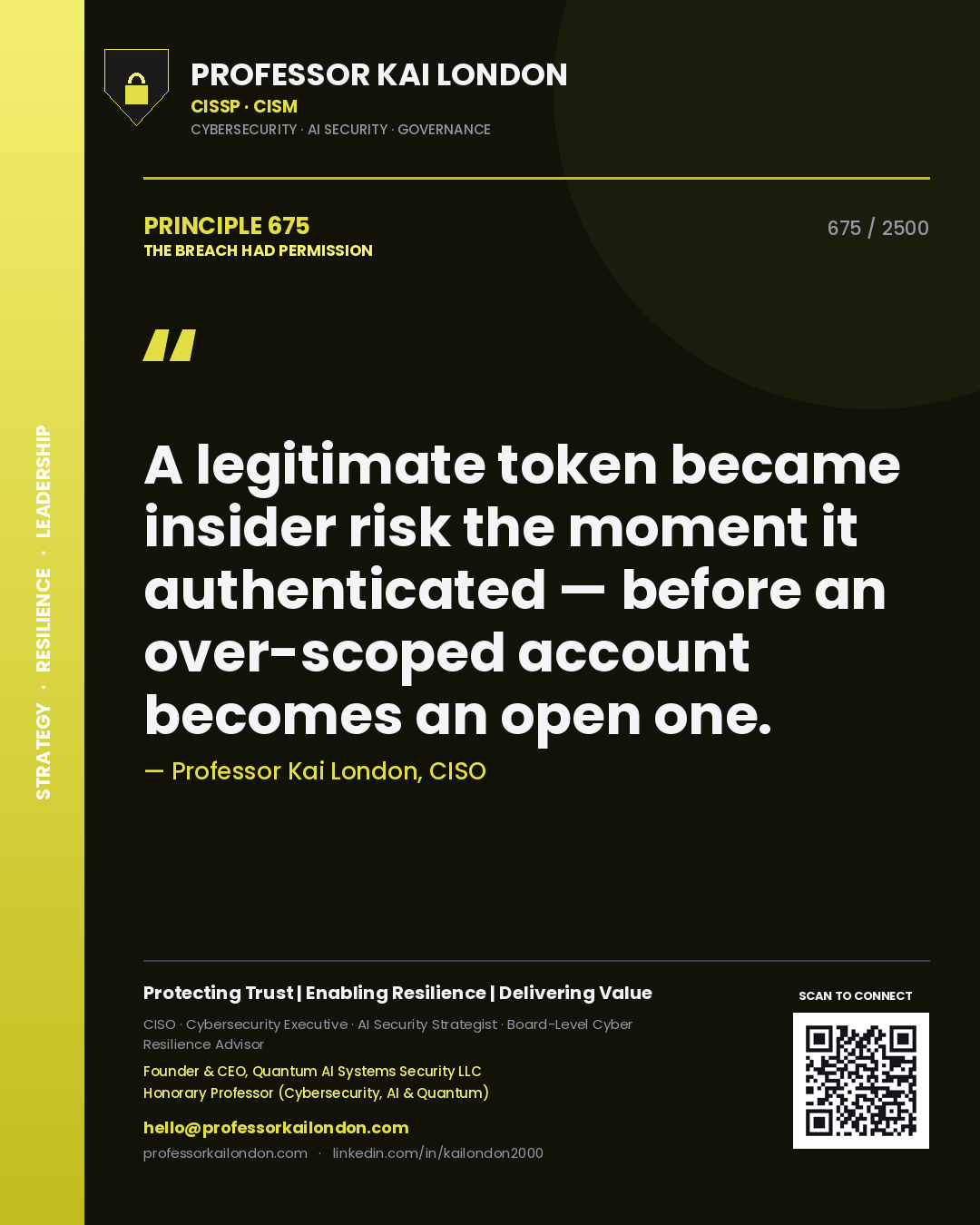 Professor Kai London principle 675: A legitimate token became insider risk the moment it authenticated — before an over-scoped account becomes an open one.
