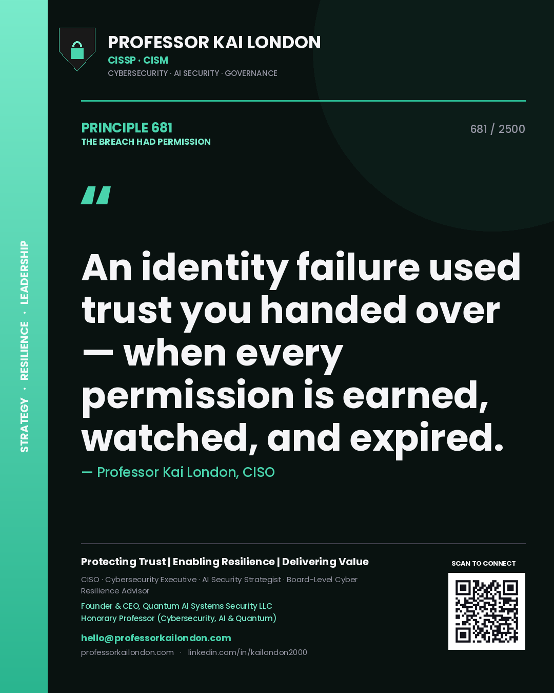 Professor Kai London principle 681: An identity failure used trust you handed over — when every permission is earned, watched, and expired.