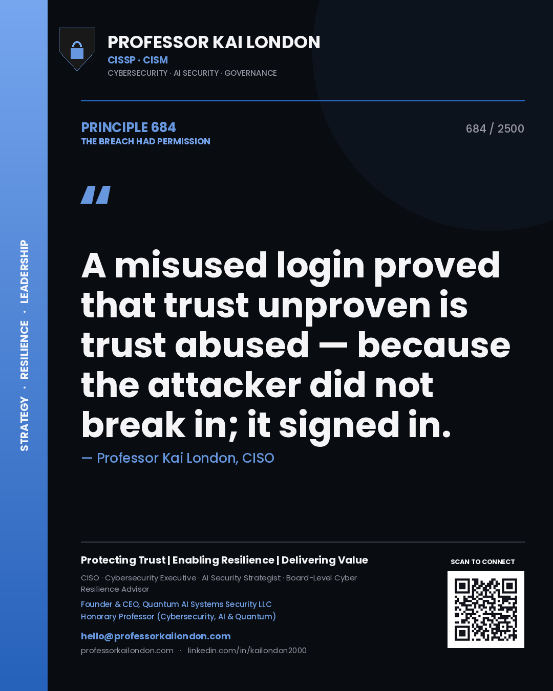 Professor Kai London principle 684: A misused login proved that trust unproven is trust abused — because the attacker did not break in; it signed in.
