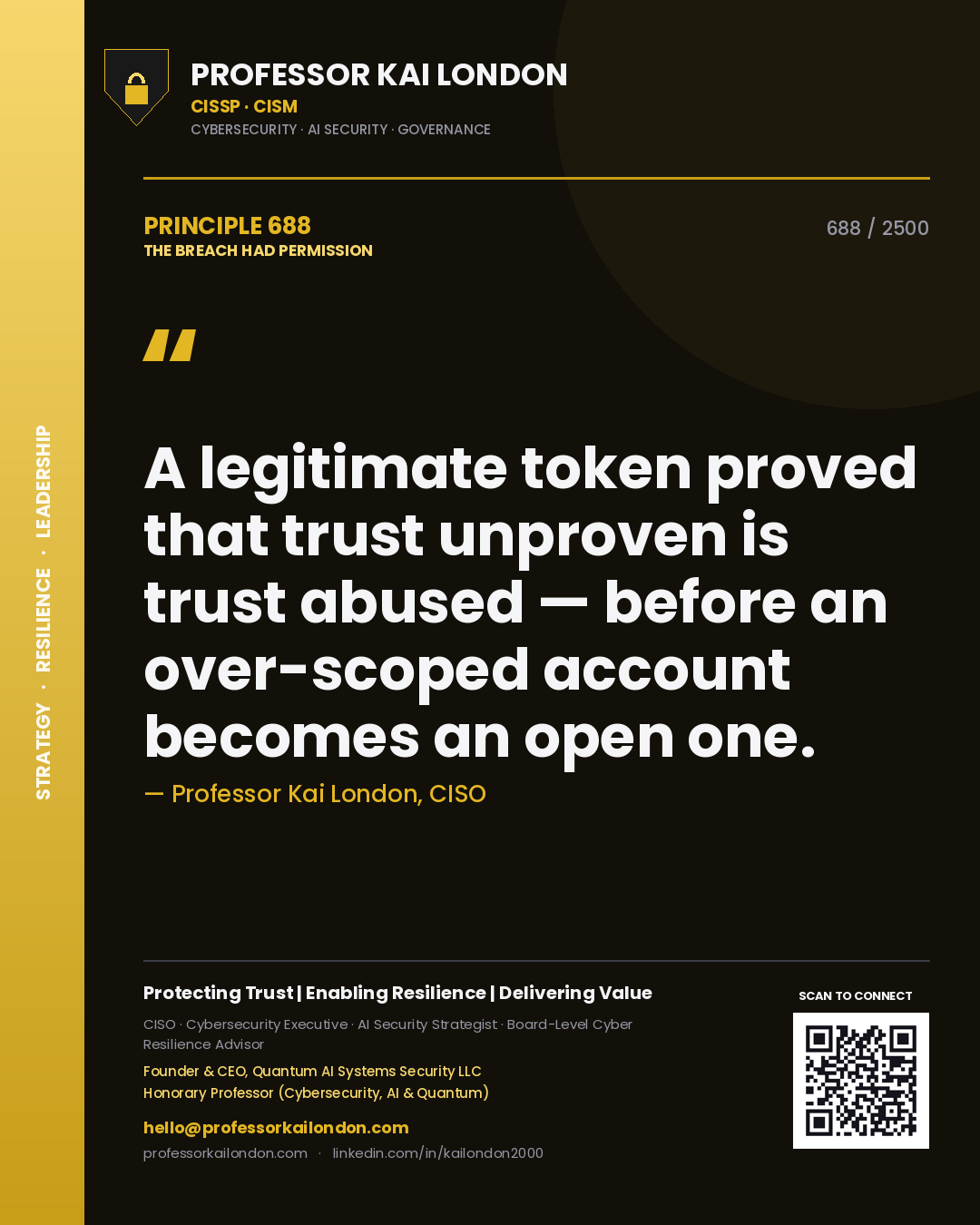 Professor Kai London principle 688: A legitimate token proved that trust unproven is trust abused — before an over-scoped account becomes an open one.