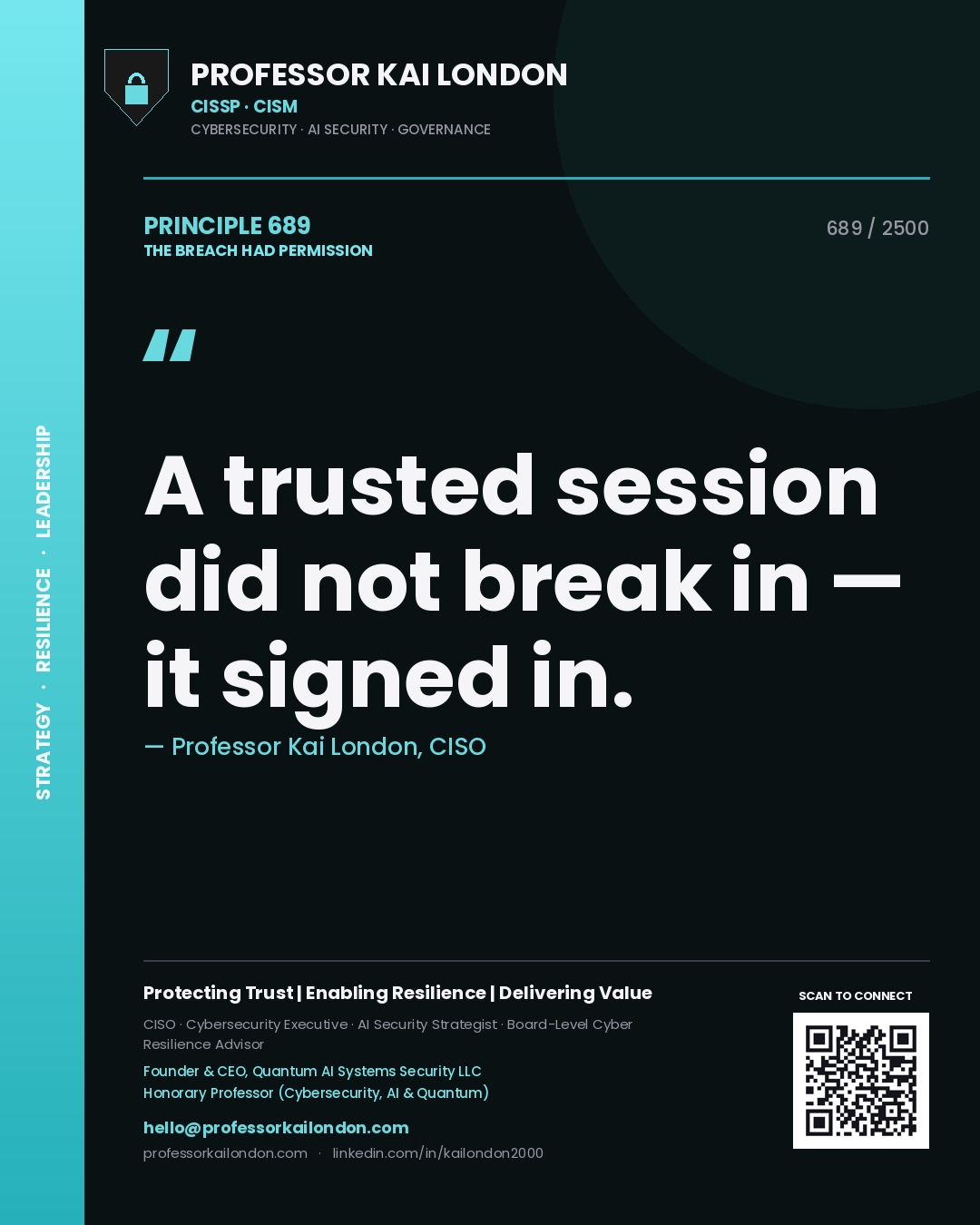 Professor Kai London principle 689: A trusted session did not break in — it signed in.