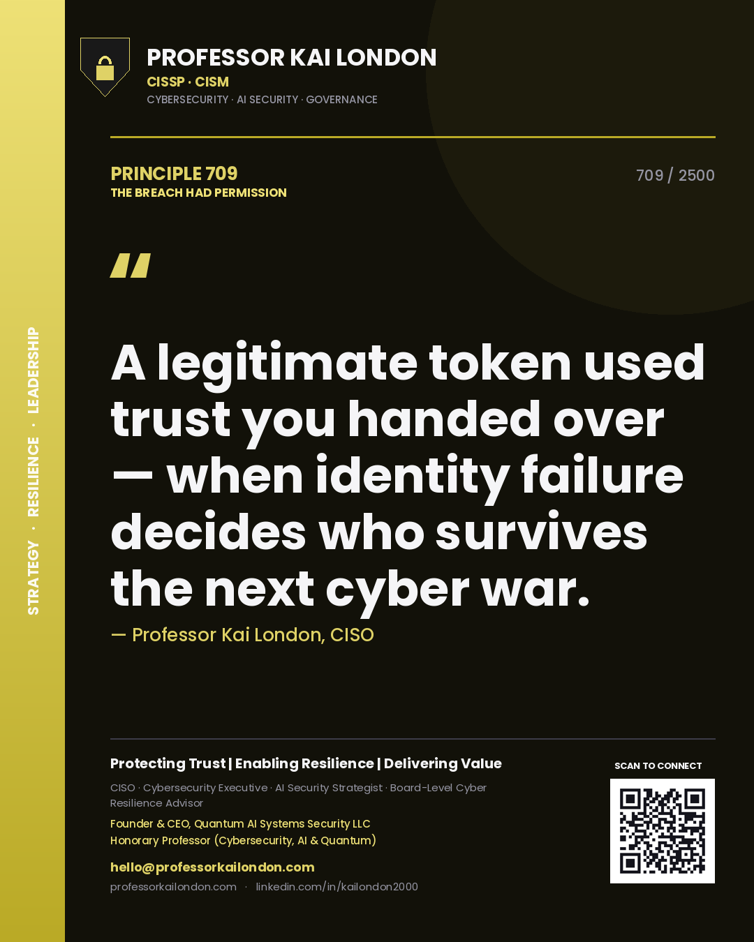 Professor Kai London principle 709: A legitimate token used trust you handed over — when identity failure decides who survives the next cyber war.