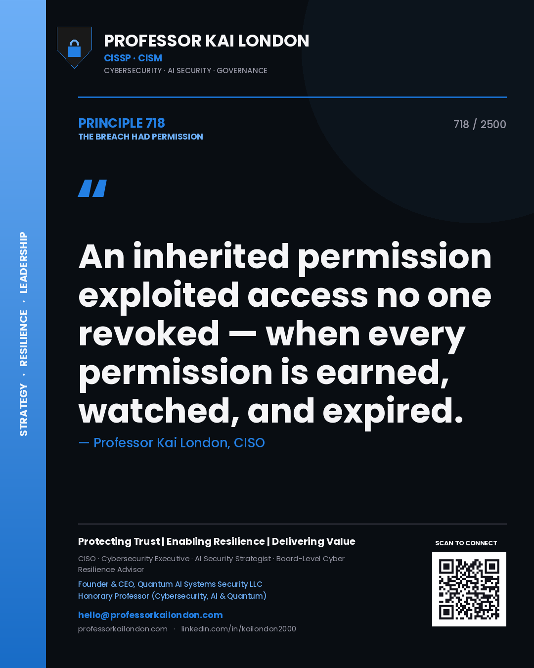 Quote card by Professor Kai London reading 'An inherited permission exploited access no one revoked — when every permission is earned, watched, and expired.'. From the book The Breach Had Permission.
