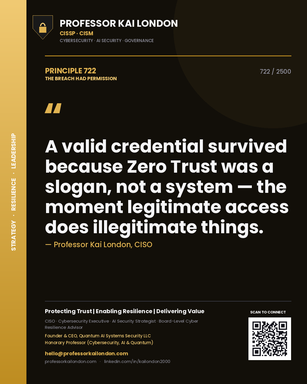 Professor Kai London principle 722: A valid credential survived because Zero Trust was a slogan, not a system — the moment legitimate access does illegitimate things.