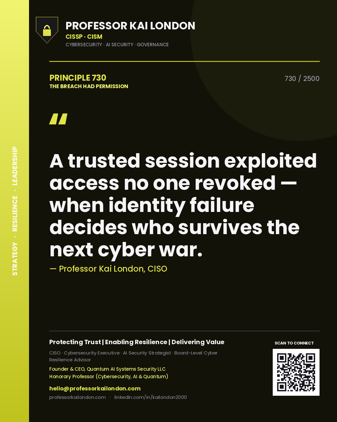Quote card by Professor Kai London reading 'A trusted session exploited access no one revoked — when identity failure decides who survives the next cyber war.'. From the book The Breach Had Permission.