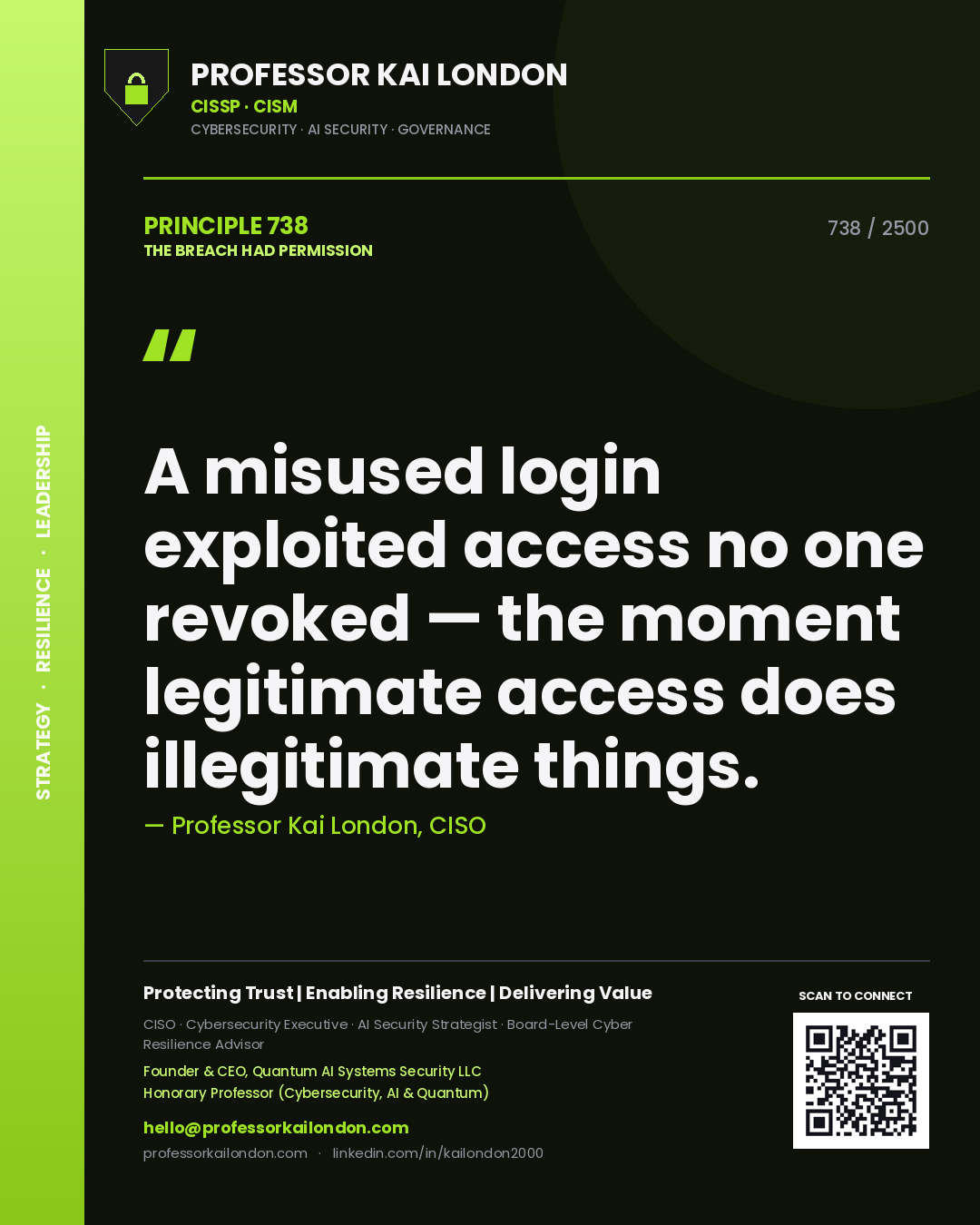 Professor Kai London principle 738: A misused login exploited access no one revoked — the moment legitimate access does illegitimate things.