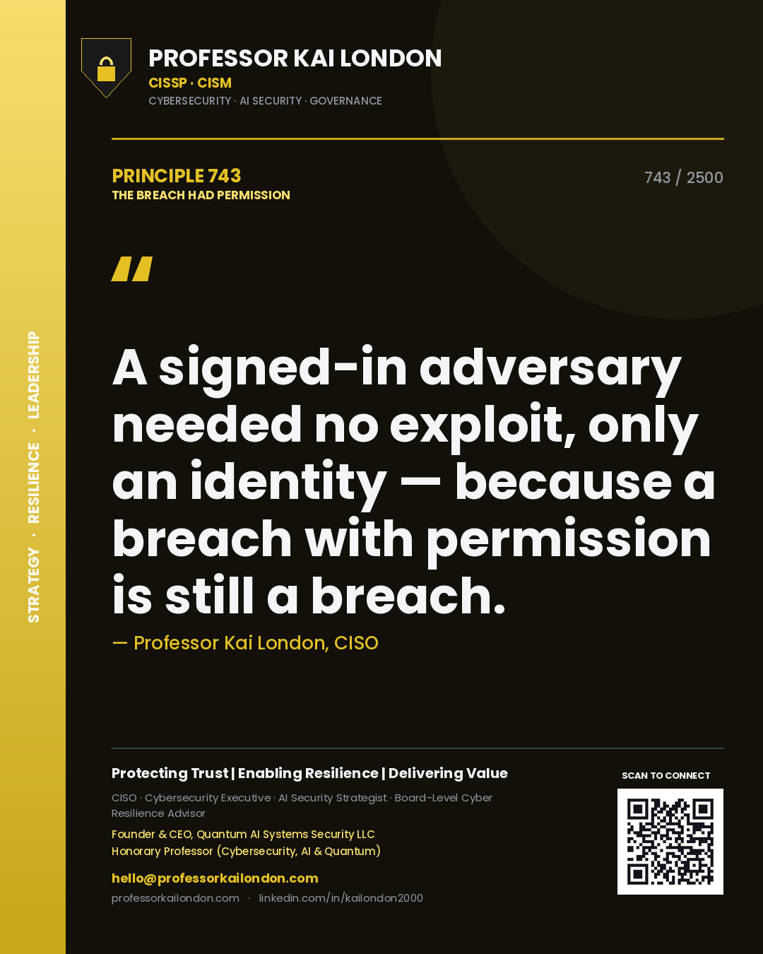 Quote card by Professor Kai London reading 'A signed-in adversary needed no exploit, only an identity — because a breach with permission is still a breach.'. From the book The Breach Had Permission.