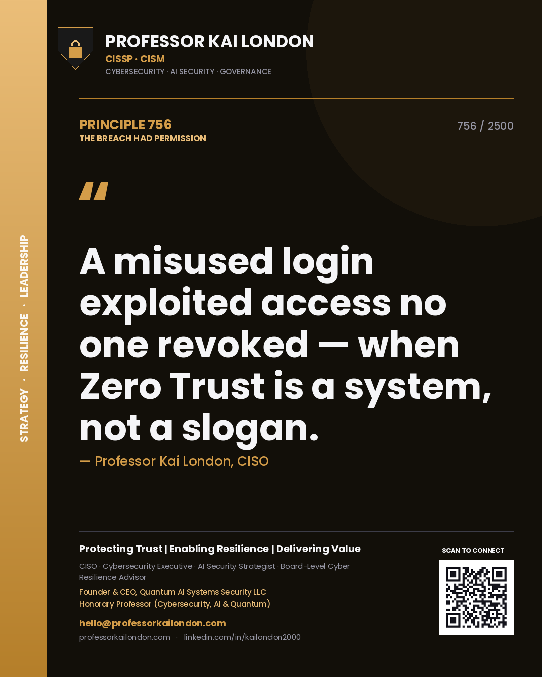 Professor Kai London principle 756: A misused login exploited access no one revoked — when Zero Trust is a system, not a slogan.