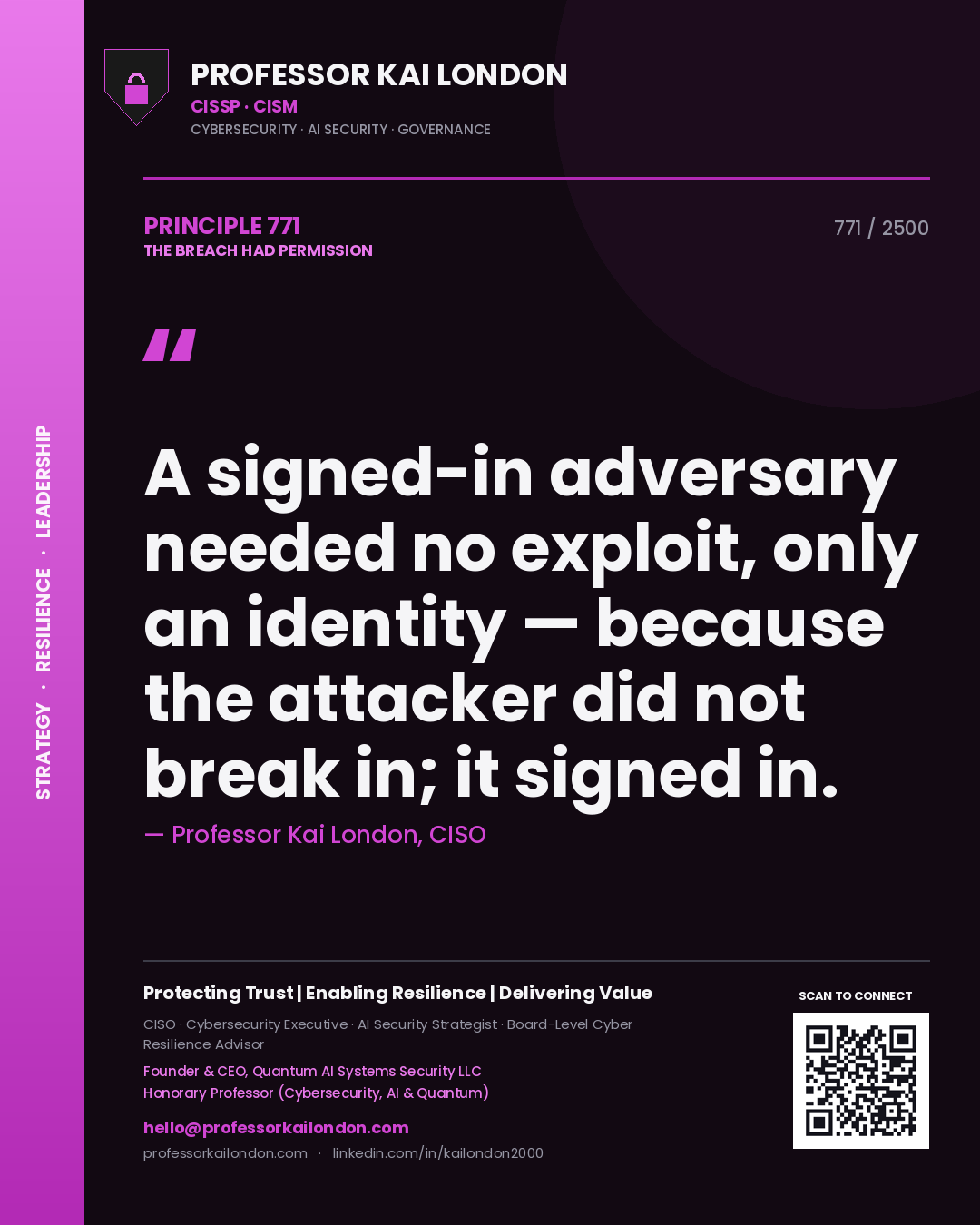 Quote card by Professor Kai London reading 'A signed-in adversary needed no exploit, only an identity — because the attacker did not break in; it signed in.'. From the book The Breach Had Permission.