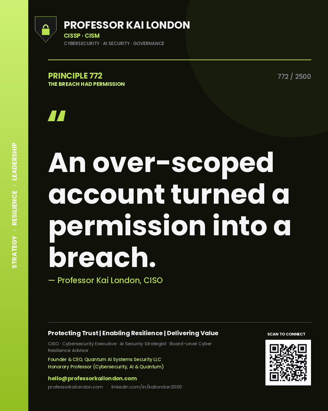 Quote card by Professor Kai London reading 'An over-scoped account turned a permission into a breach.'. From the book The Breach Had Permission.