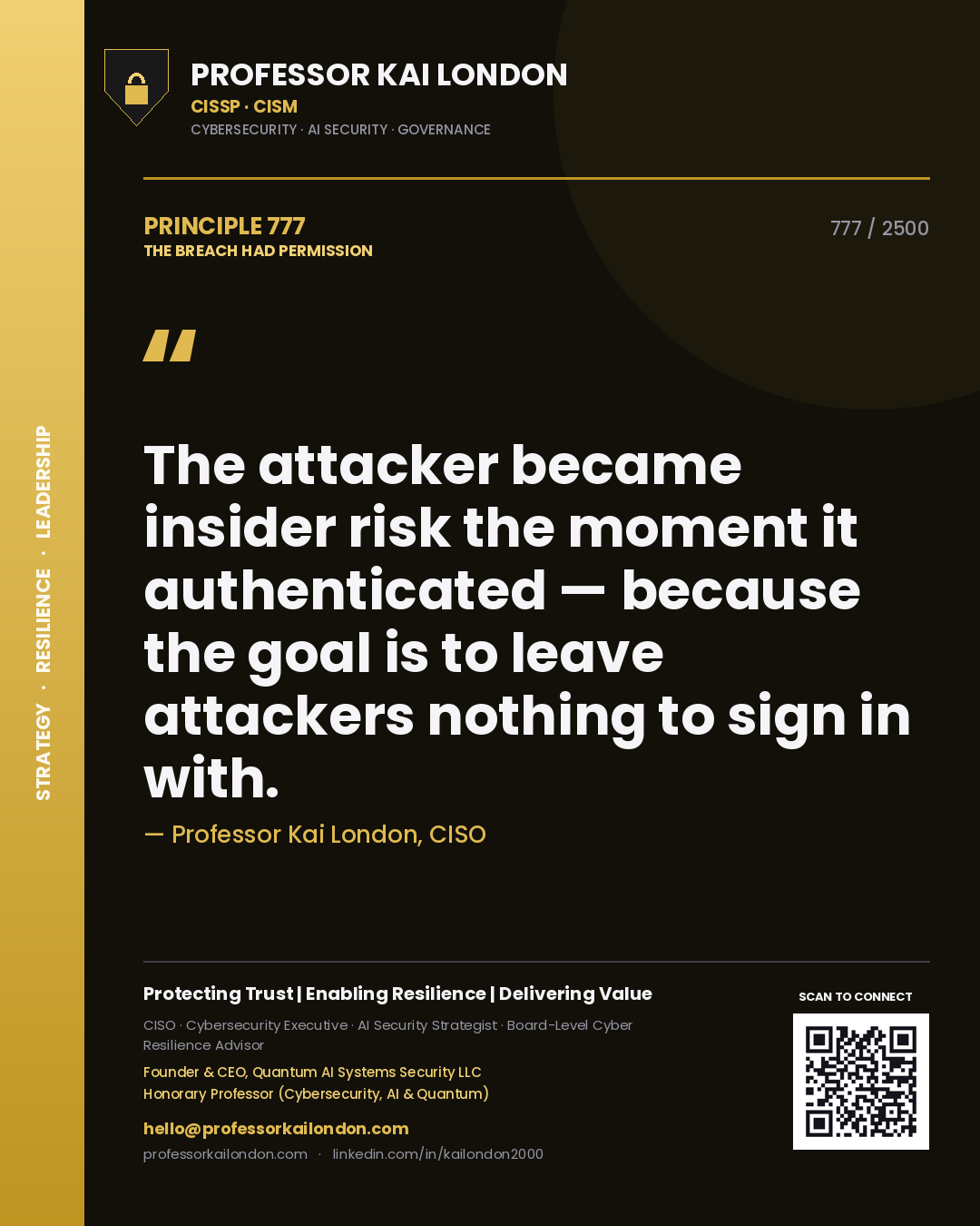 Professor Kai London principle 777: The attacker became insider risk the moment it authenticated — because the goal is to leave attackers nothing to sign in with.