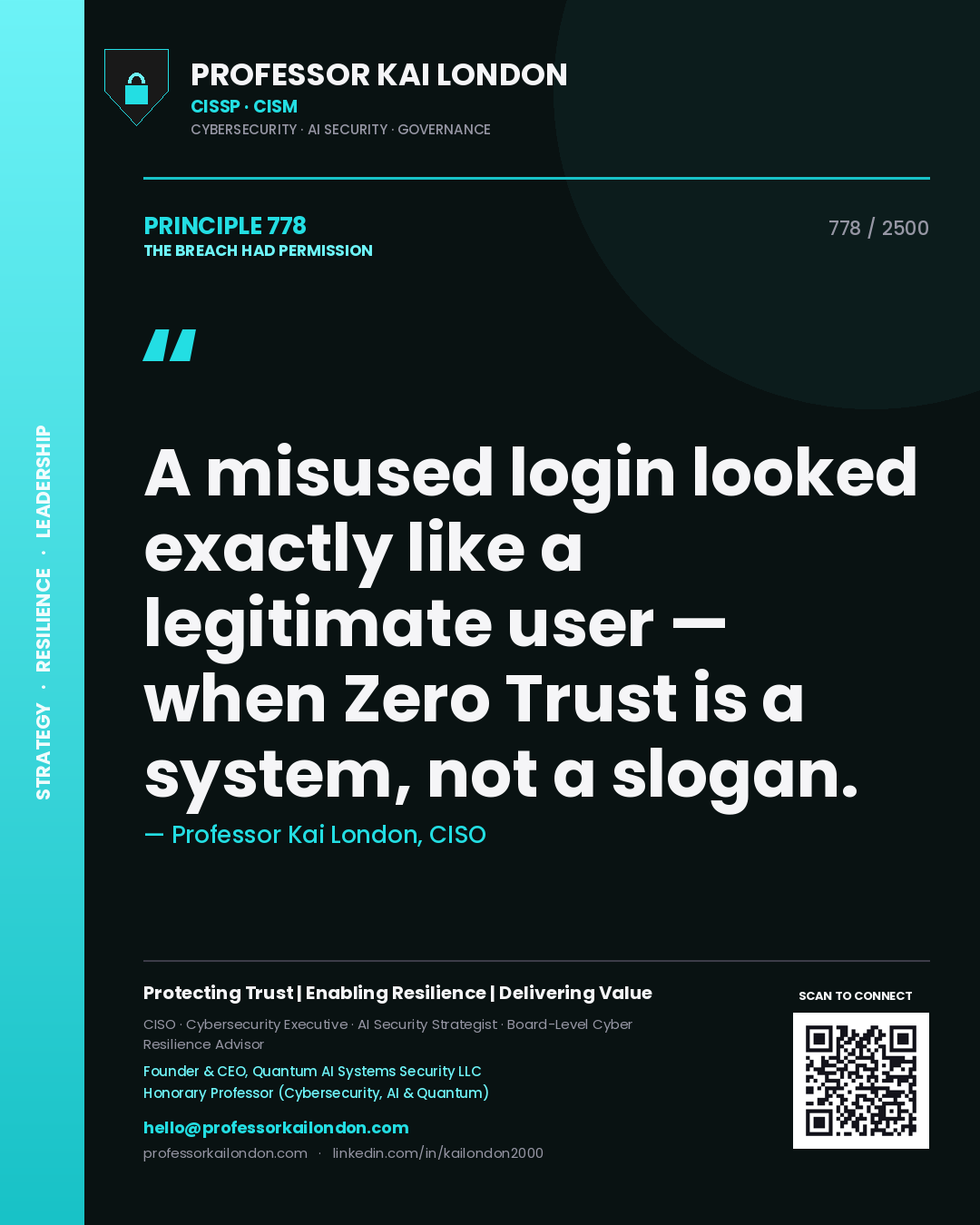 Quote card by Professor Kai London reading 'A misused login looked exactly like a legitimate user — when Zero Trust is a system, not a slogan.'. From the book The Breach Had Permission.