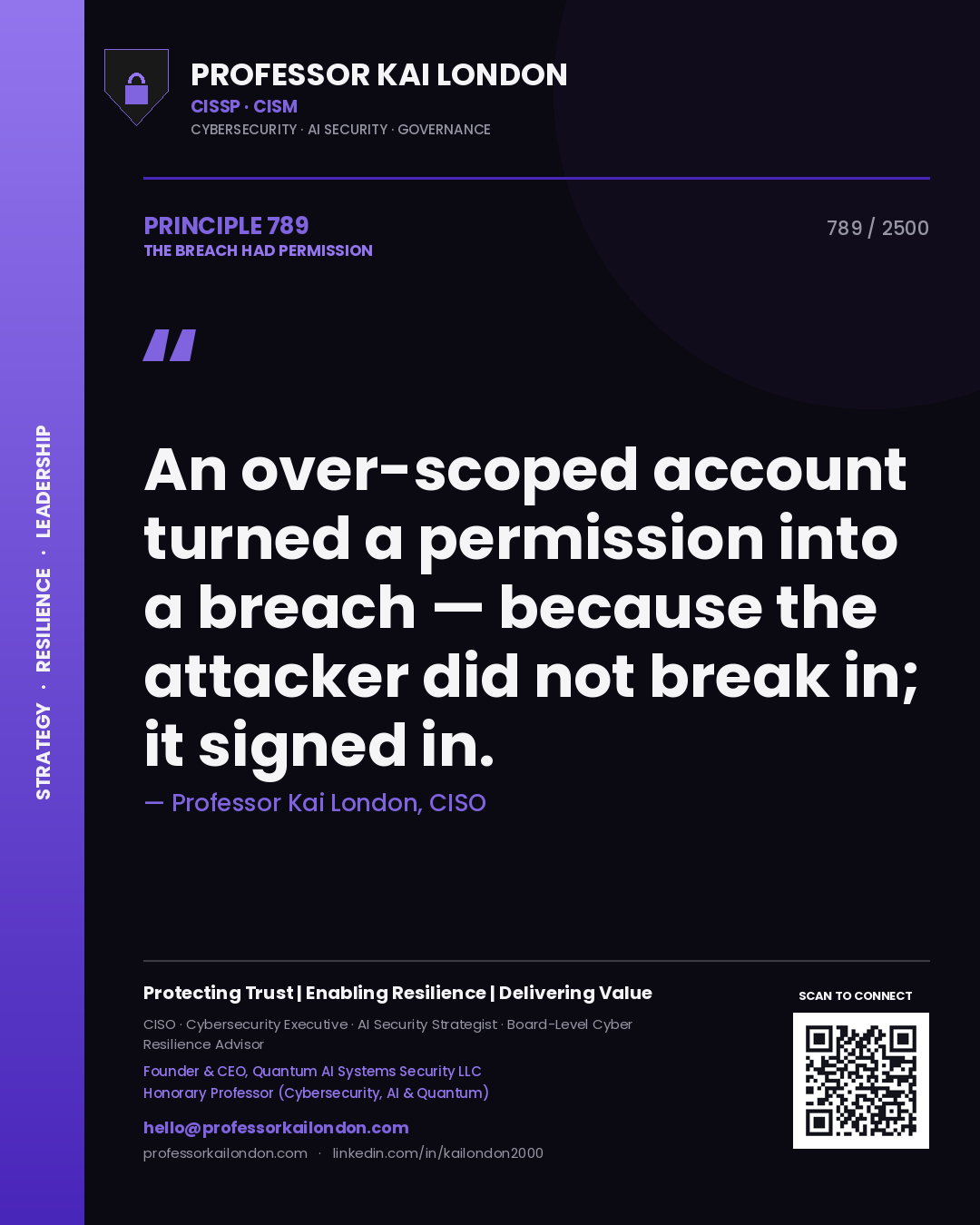 Professor Kai London principle 789: An over-scoped account turned a permission into a breach — because the attacker did not break in; it signed in.