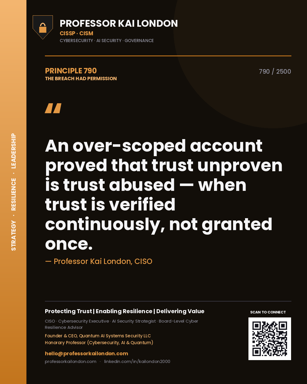 Quote card by Professor Kai London reading 'An over-scoped account proved that trust unproven is trust abused — when trust is verified continuously, not granted once.'. From the book The Breach Had Permission.