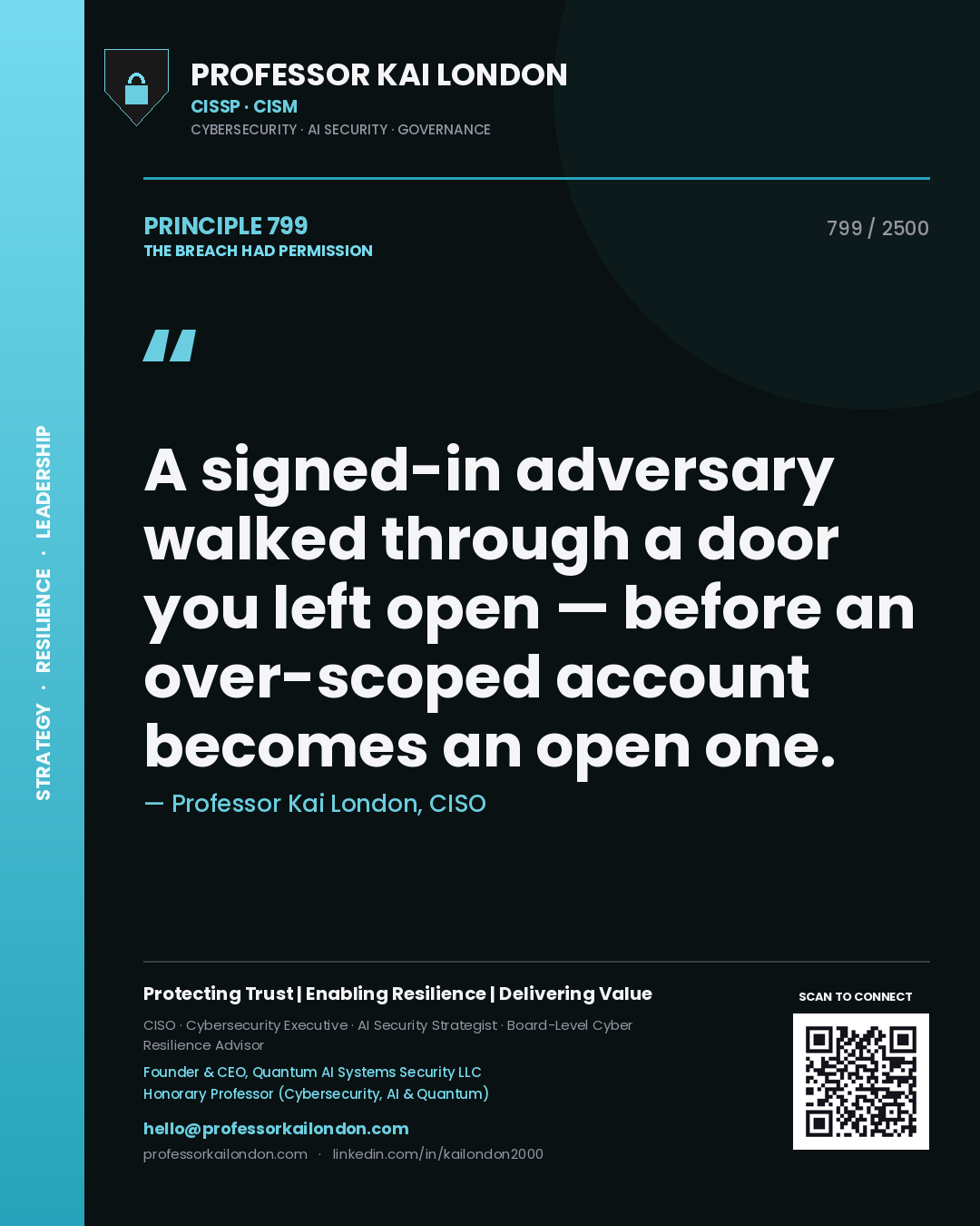 Professor Kai London principle 799: A signed-in adversary walked through a door you left open — before an over-scoped account becomes an open one.