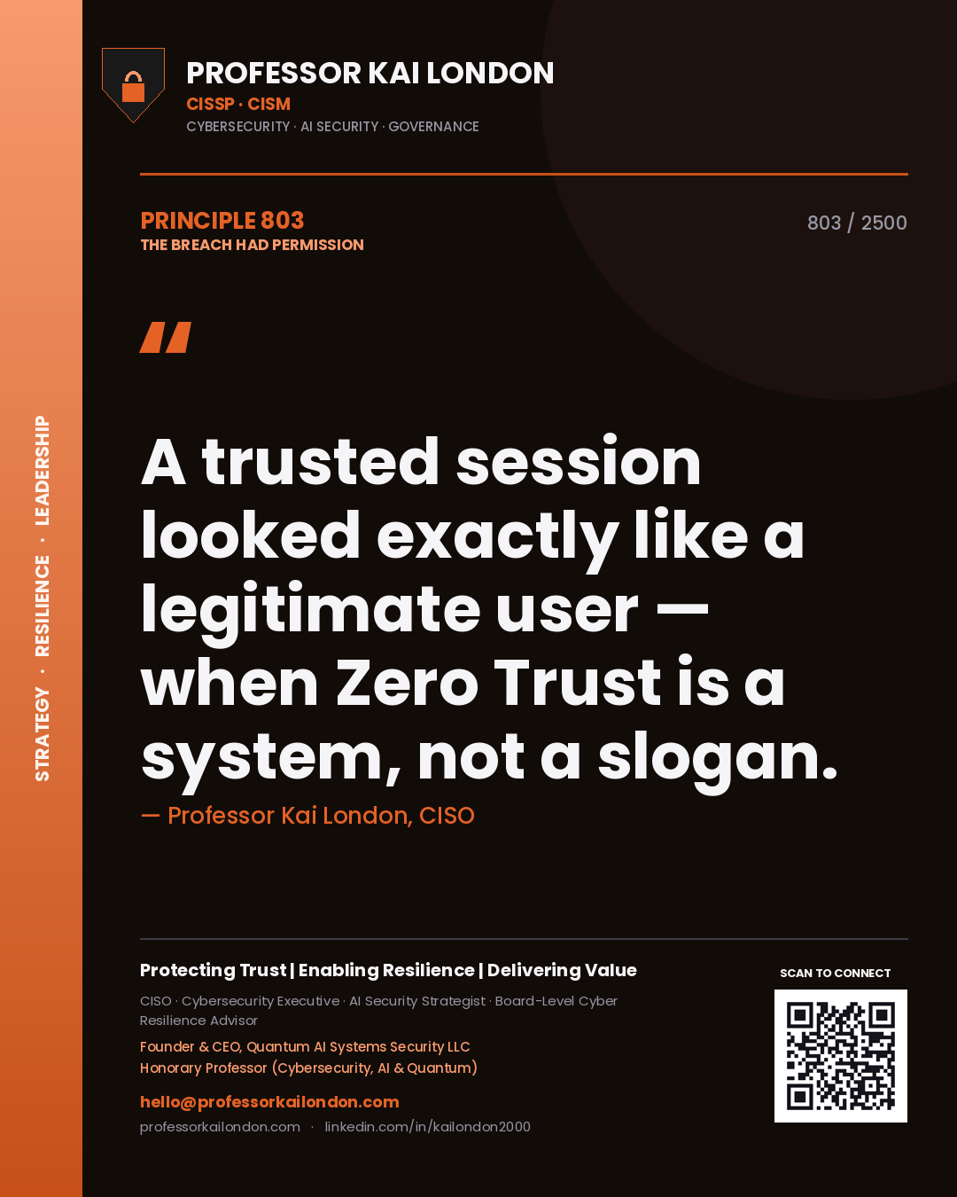 Quote card by Professor Kai London reading 'A trusted session looked exactly like a legitimate user — when Zero Trust is a system, not a slogan.'. From the book The Breach Had Permission.