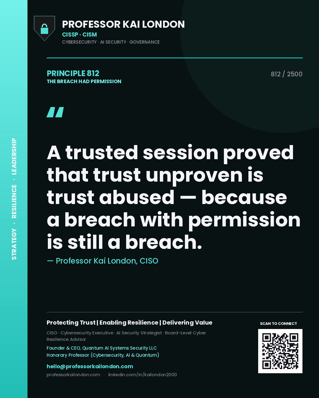 Quote card by Professor Kai London reading 'A trusted session proved that trust unproven is trust abused — because a breach with permission is still a breach.'. From the book The Breach Had Permission.