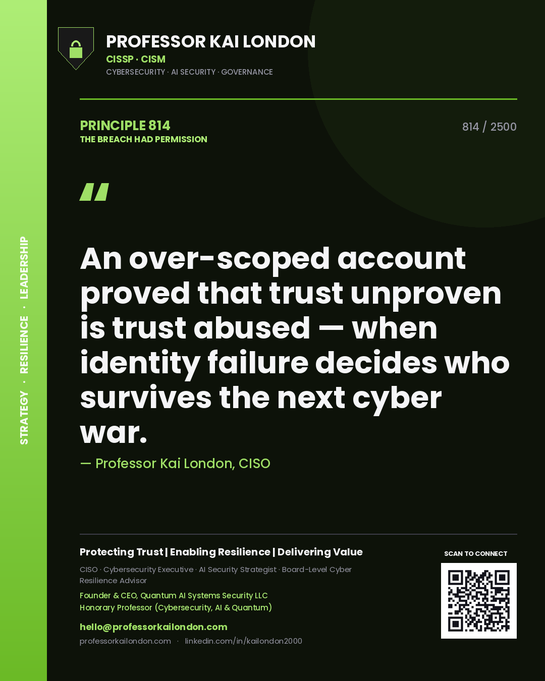 Professor Kai London principle 814: An over-scoped account proved that trust unproven is trust abused — when identity failure decides who survives the next cyber war.