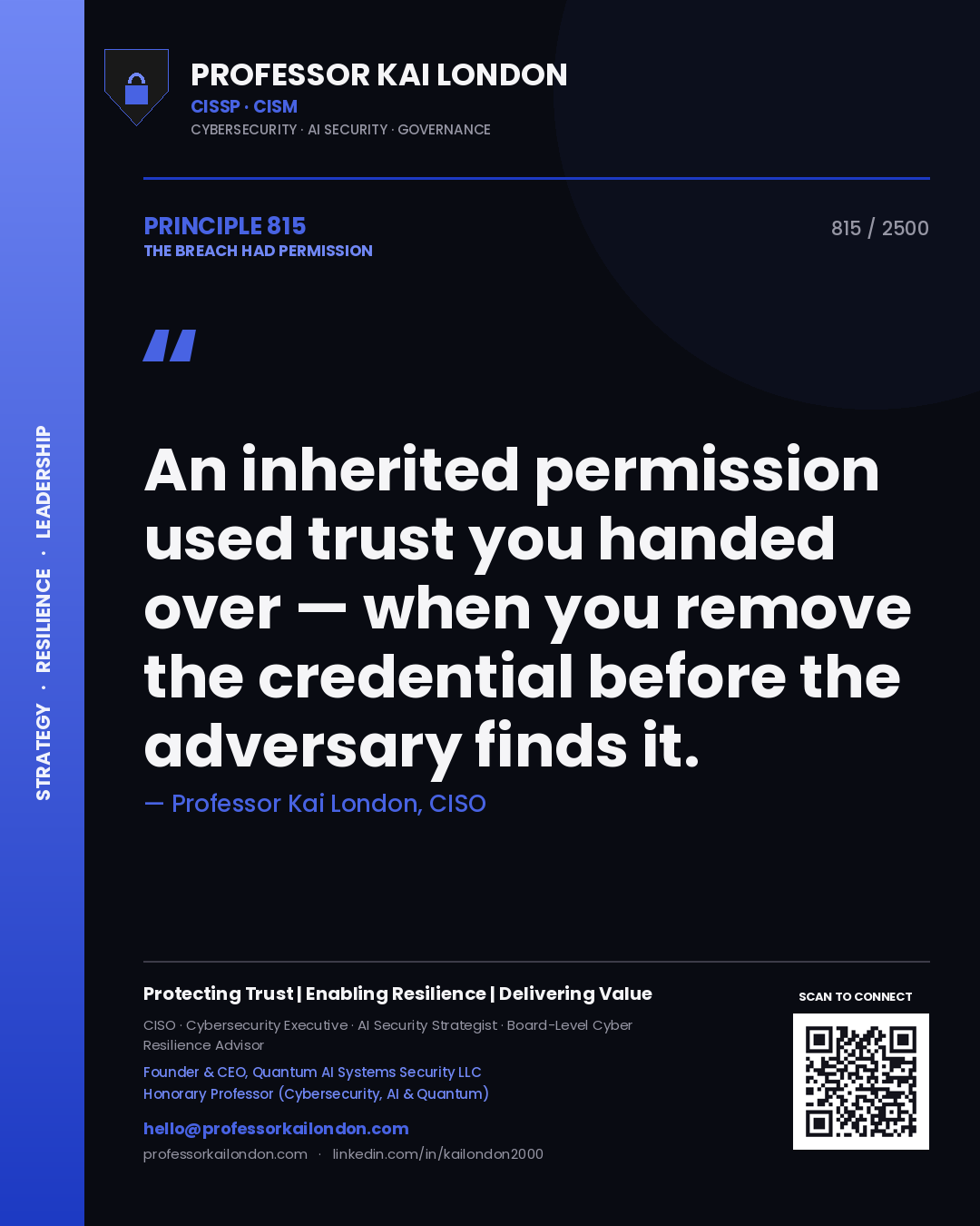 Professor Kai London principle 815: An inherited permission used trust you handed over — when you remove the credential before the adversary finds it.