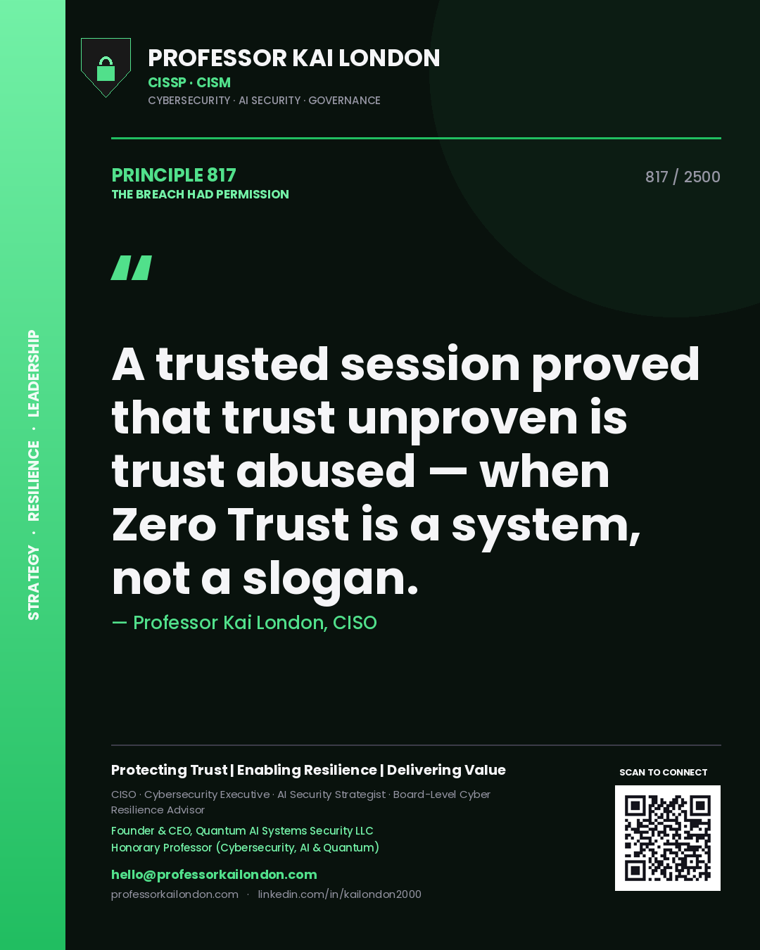Quote card by Professor Kai London reading 'A trusted session proved that trust unproven is trust abused — when Zero Trust is a system, not a slogan.'. From the book The Breach Had Permission.
