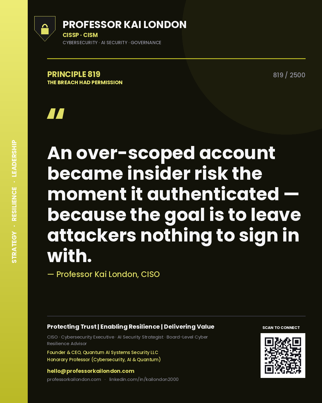 Professor Kai London principle 819: An over-scoped account became insider risk the moment it authenticated — because the goal is to leave attackers nothing to sign in with.