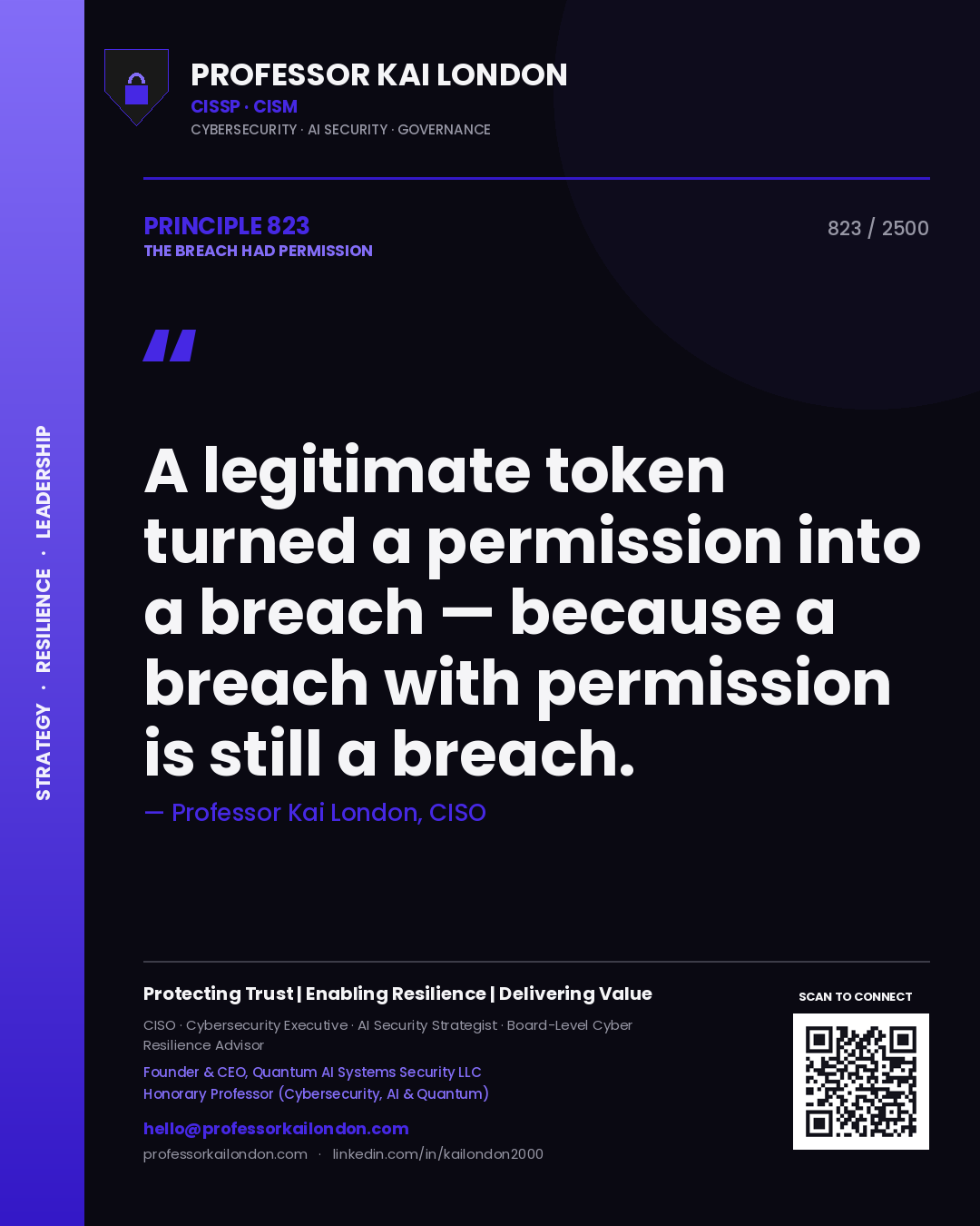 Quote card by Professor Kai London reading 'A legitimate token turned a permission into a breach — because a breach with permission is still a breach.'. From the book The Breach Had Permission.