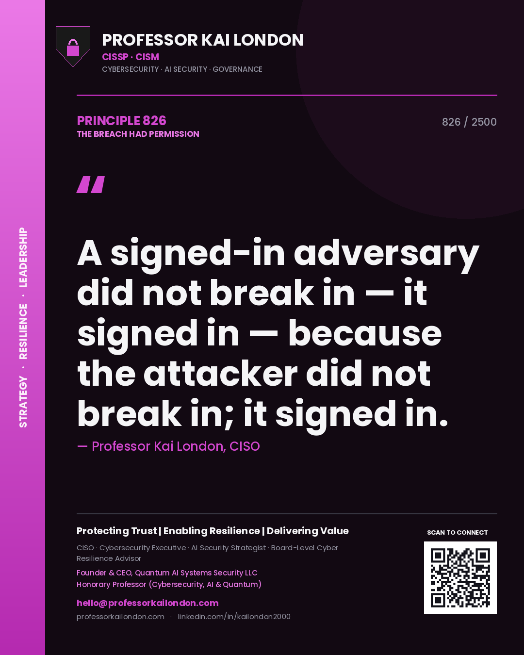 Quote card by Professor Kai London reading 'A signed-in adversary did not break in — it signed in — because the attacker did not break in; it signed in.'. From the book The Breach Had Permission.