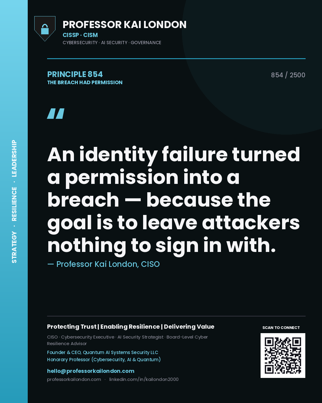 Professor Kai London principle 854: An identity failure turned a permission into a breach — because the goal is to leave attackers nothing to sign in with.