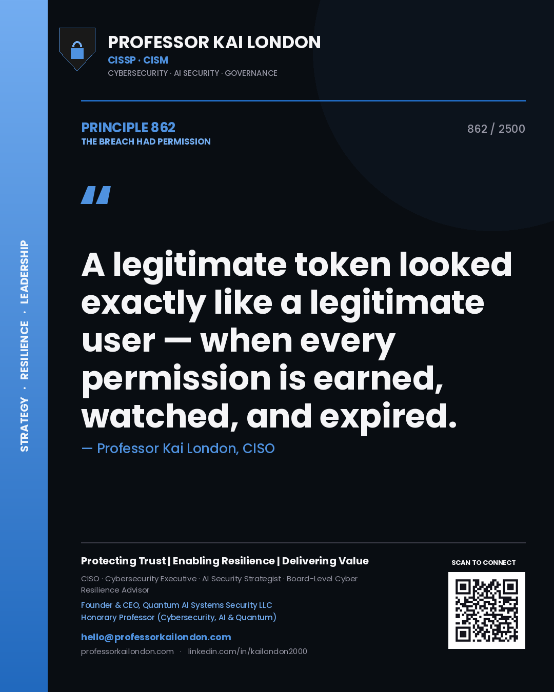 Quote card by Professor Kai London reading 'A legitimate token looked exactly like a legitimate user — when every permission is earned, watched, and expired.'. From the book The Breach Had Permission.